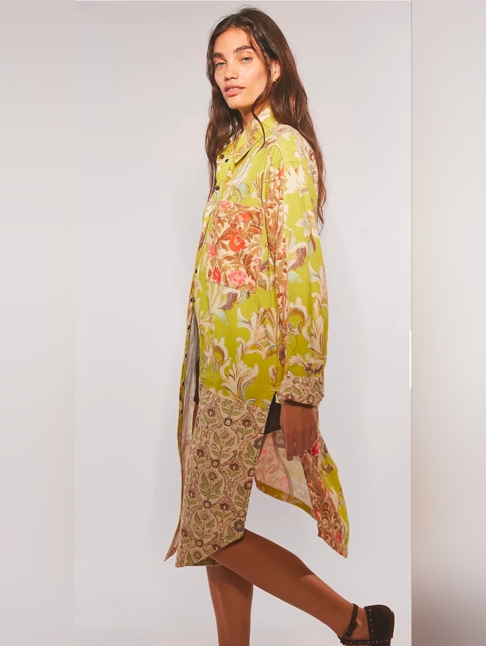 Free People Merry Muse Midi Shirt Floral Longline Button-Up